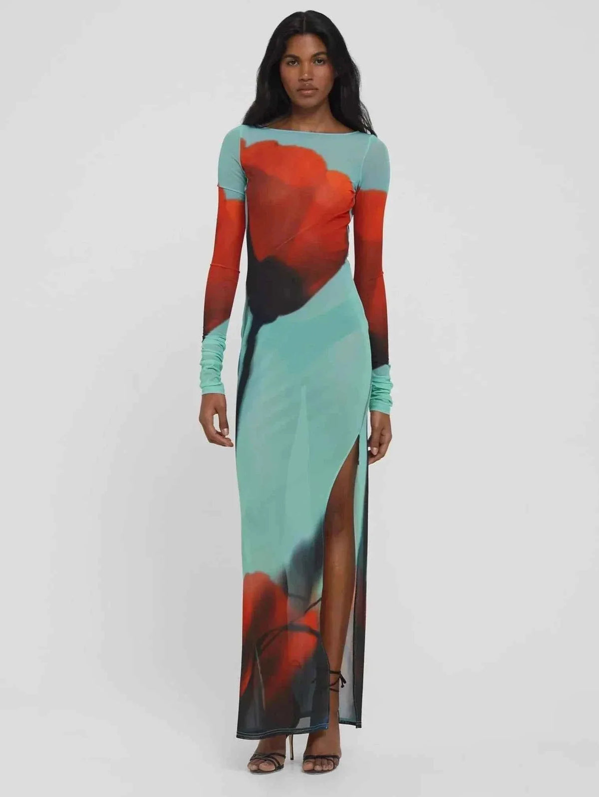 Women's Sheer Mesh Maxi Dress Long Sleeve Printed Bodycon High Slit Elegant Dress - Seldom Seen Styles