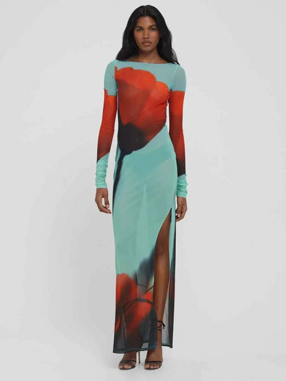 Women's Sheer Mesh Maxi Dress Long Sleeve Printed Bodycon High Slit Elegant Dress