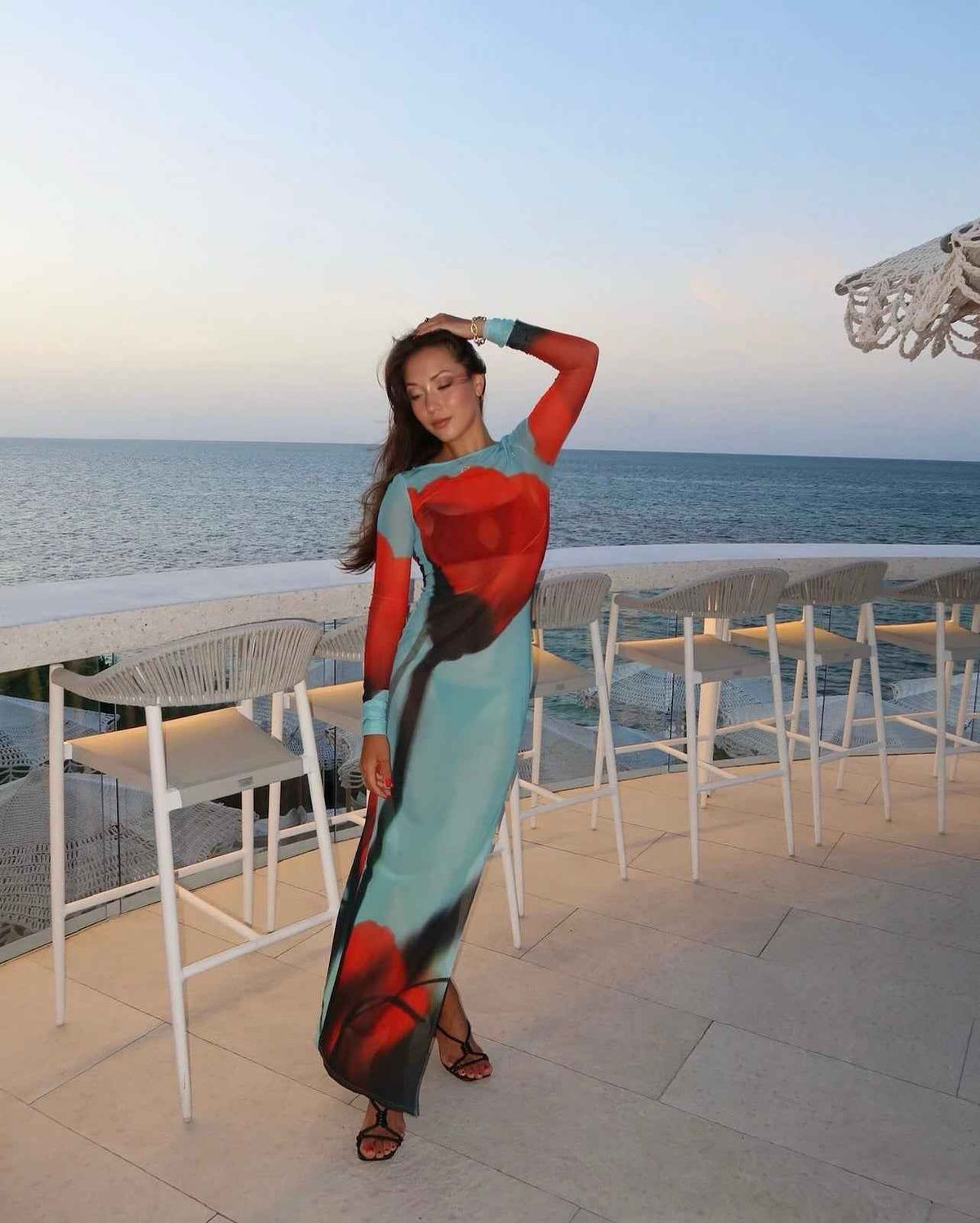 Women's Sheer Mesh Maxi Dress Long Sleeve Printed Bodycon High Slit Elegant Dress - Seldom Seen Styles