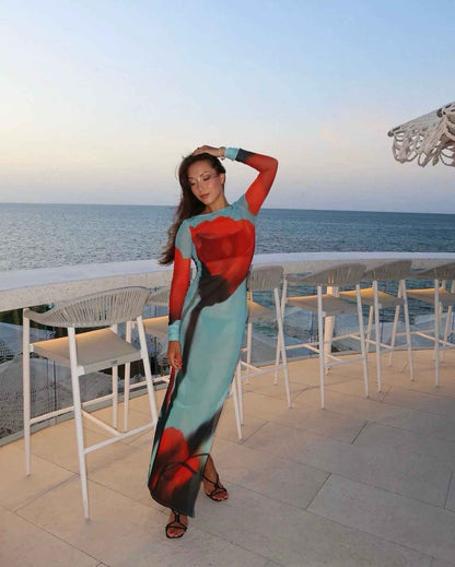 Women's Sheer Mesh Maxi Dress Long Sleeve Printed Bodycon High Slit Elegant Dress