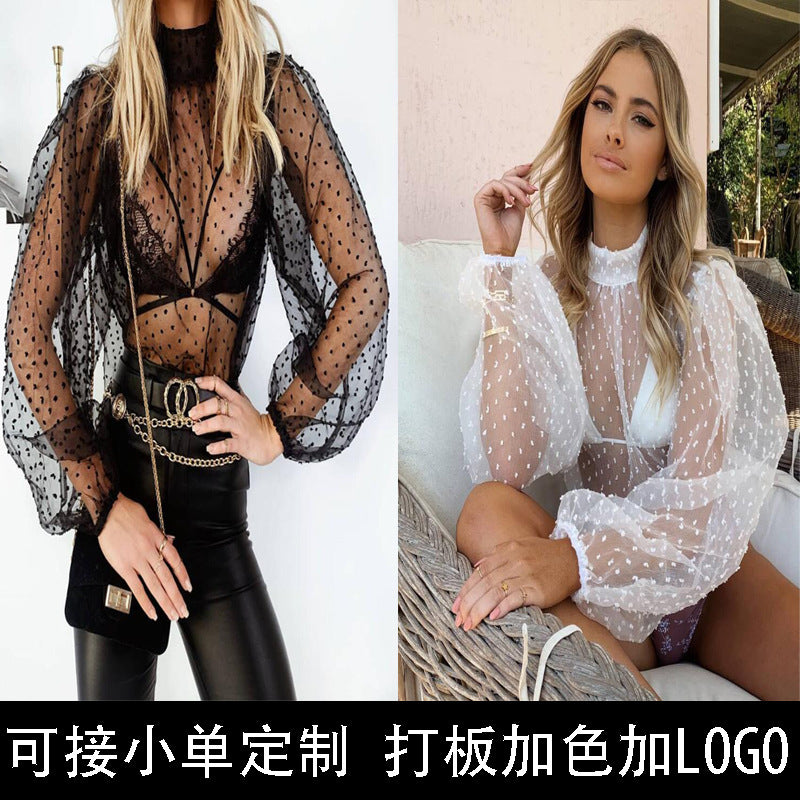 Women's Sheer Polka Dot Mesh Blouse High Neck Puff Sleeve Lace Trim Sexy See Through Top Elegant Party Shirt