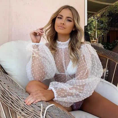 Women's Sheer Polka Dot Mesh Blouse High Neck Puff Sleeve Lace Trim Sexy See Through Top Elegant Party Shirt