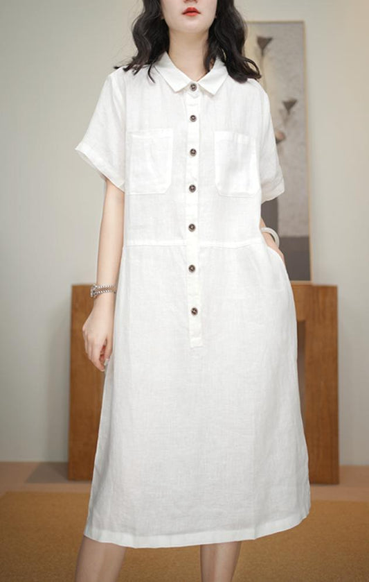 Women's Shirt Collar Short Sleeve Button-Down 100% Linen Midi Dress One Size Casual Summer - Seldom Seen Styles