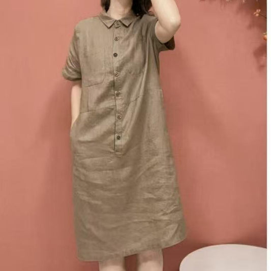 Women's Shirt Collar Short Sleeve Button-Down Dual Pocket Linen Midi Dress Casual Summer Vacation - Seldom Seen Styles