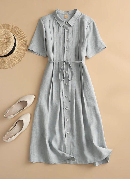 Women's Shirt Collar Short Sleeve Pintuck Button-Down Tie Waist Linen Midi Dress Casual Summer Vacation - Seldom Seen Styles