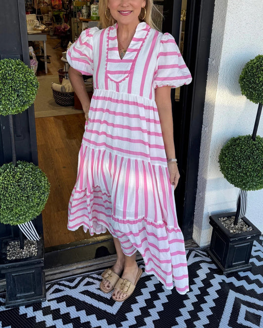 Women's Short Bubble Sleeve Striped Dress With Pockets - Seldom Seen Styles