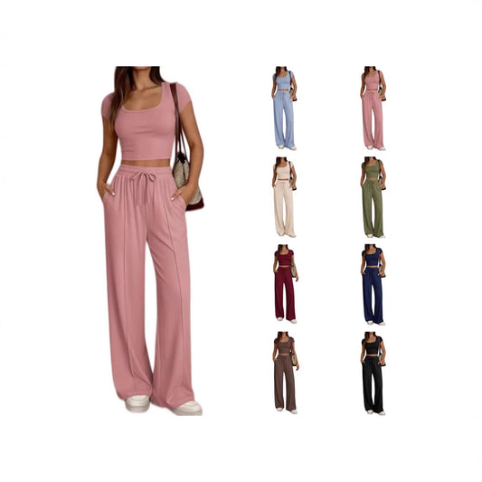 Women's Short Sleeve Slim Two Piece Set Casual Trousers Commuter Suit Summer Vacation Outfit - Seldom Seen Styles