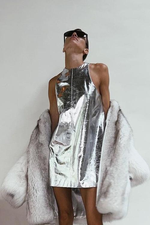 Women's Silver Metallic Mini Dress Sleeveless Futuristic Party Dress - Seldom Seen Styles