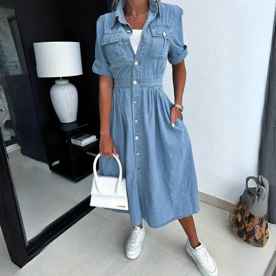 Women's Sky Blue Denim Shirt Dress Button-Down Collar Long Sleeve Belted Casual Midi Dress - Seldom Seen Styles