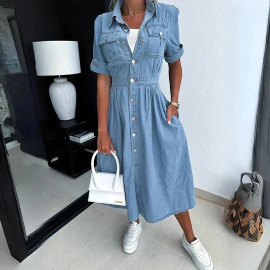 Women's Sky Blue Denim Shirt Dress Button-Down Collar Long Sleeve Belted Casual Midi Dress - Seldom Seen Styles