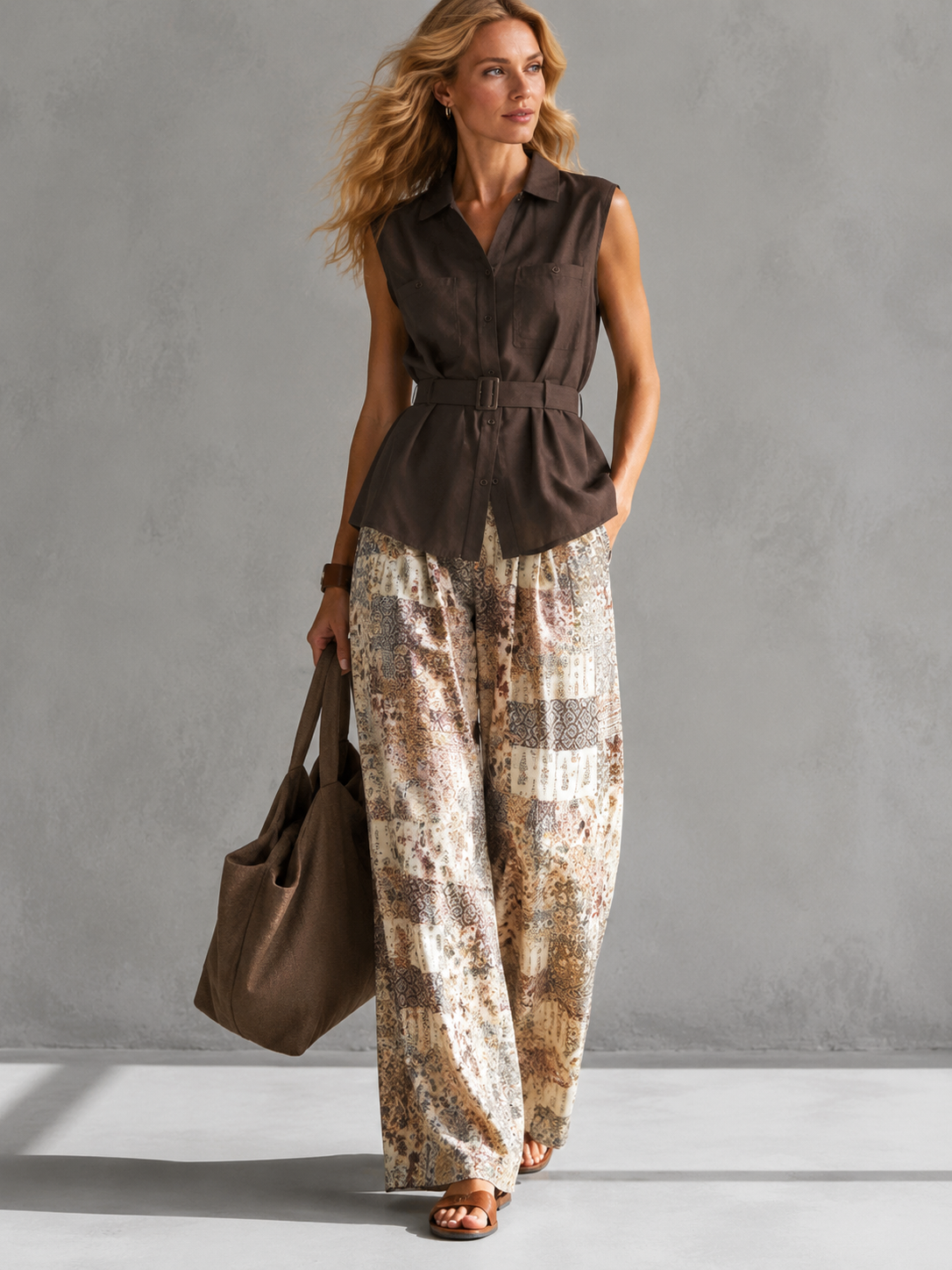 Women's Sleeveless Collar Shirt Patchwork Print Wide-Leg Pants Two-Piece Set Boho Summer Vacation Resort Outfit - Seldom Seen Styles