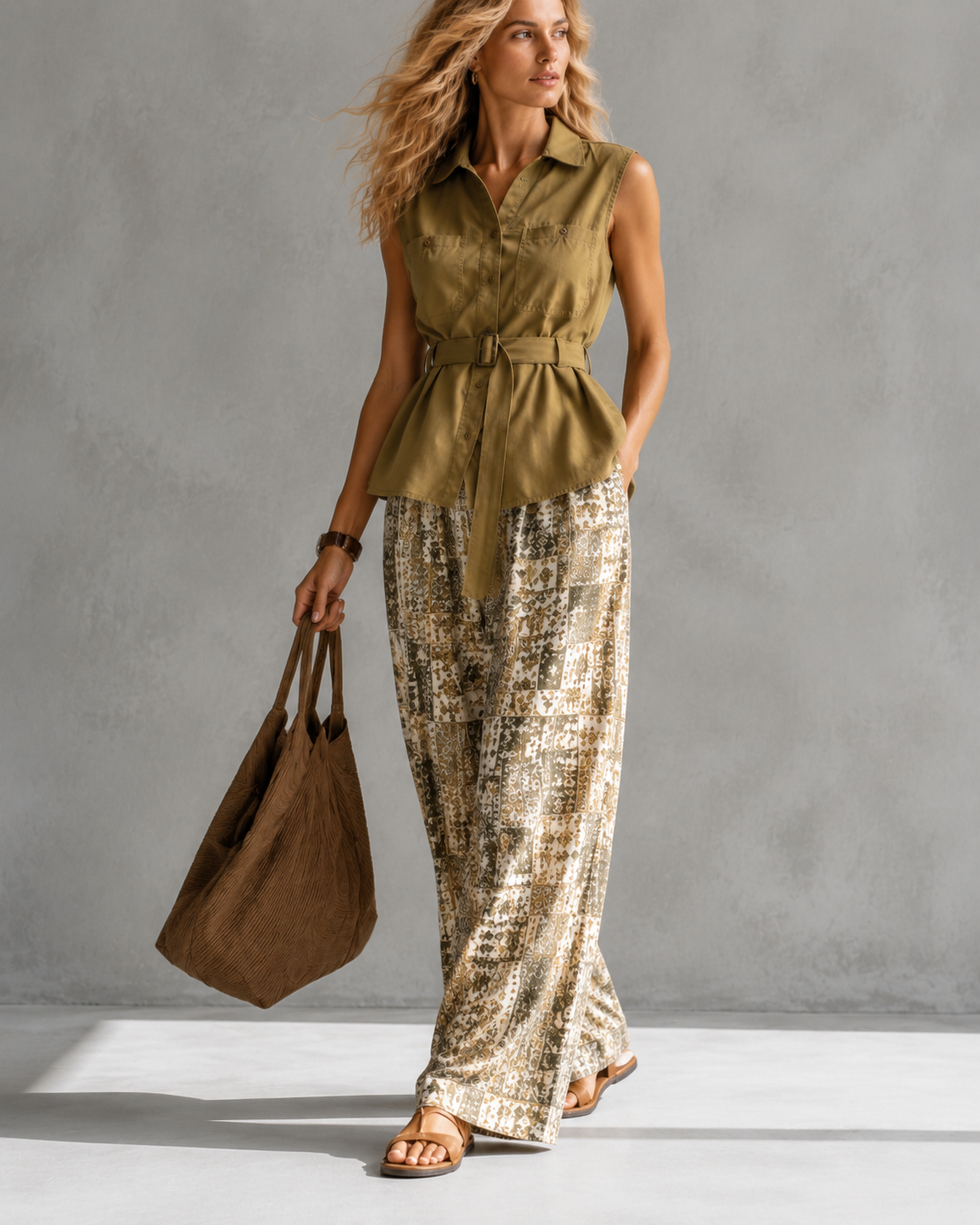 Women's Sleeveless Collar Shirt Patchwork Print Wide-Leg Pants Two-Piece Set Boho Summer Vacation Resort Outfit - Seldom Seen Styles
