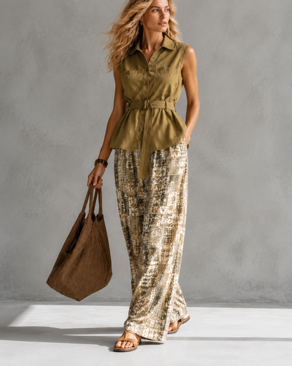 Women's Sleeveless Collar Shirt Patchwork Print Wide-Leg Pants Two-Piece Set Boho Summer Vacation Resort Outfit