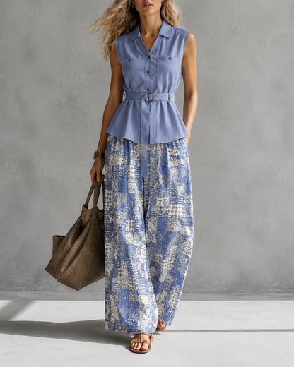 Women's Sleeveless Collar Shirt Patchwork Print Wide-Leg Pants Two-Piece Set Boho Summer Vacation Resort Outfit