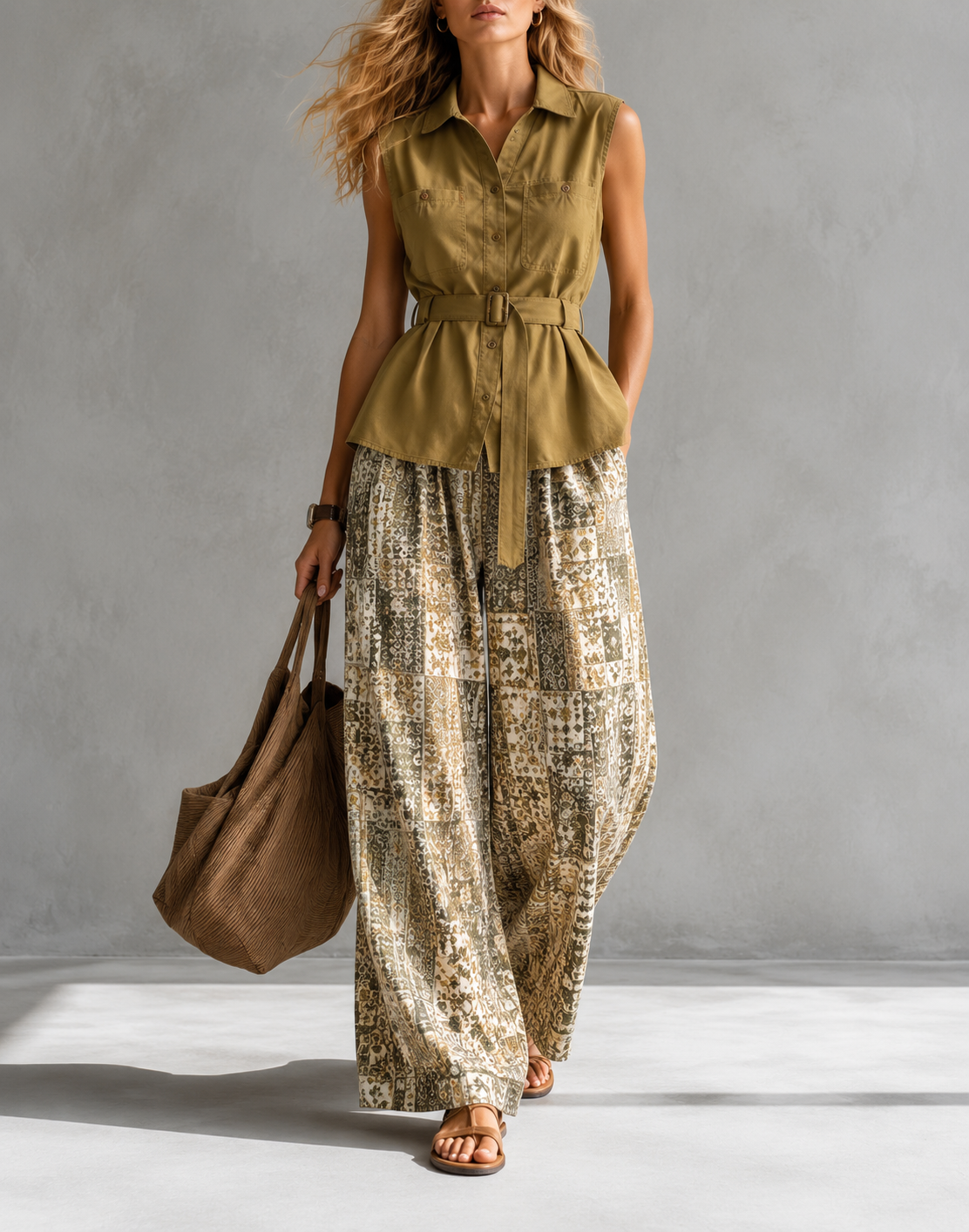 Women's Sleeveless Collar Shirt Patchwork Print Wide-Leg Pants Two-Piece Set Boho Summer Vacation Resort Outfit - Seldom Seen Styles