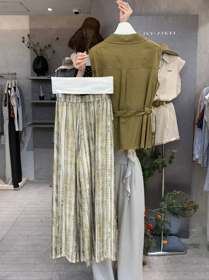 Women's Sleeveless Collar Shirt Patchwork Print Wide-Leg Pants Two-Piece Set Boho Summer Vacation Resort Outfit
