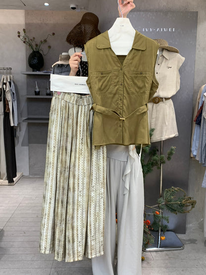 Women's Sleeveless Collar Shirt Patchwork Print Wide-Leg Pants Two-Piece Set Boho Summer Vacation Resort Outfit