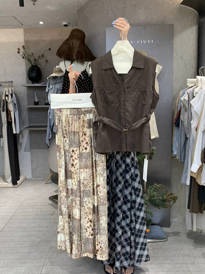 Women's Sleeveless Collar Shirt Patchwork Print Wide-Leg Pants Two-Piece Set Boho Summer Vacation Resort Outfit