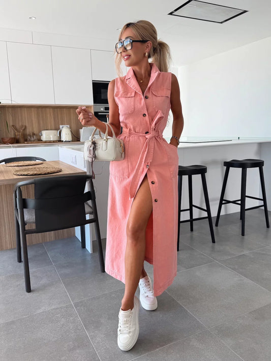 Women's Sleeveless Denim Maxi Dress Button Front Belted Waist Split Casual Shirt Dress - Seldom Seen Styles