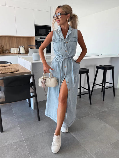 Women's Sleeveless Denim Maxi Dress Button Front Belted Waist Split Casual Shirt Dress