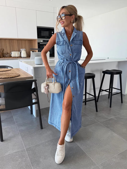 Women's Sleeveless Denim Maxi Dress Button Front Belted Waist Split Casual Shirt Dress