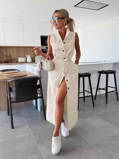 Women's Sleeveless Denim Maxi Dress Button Front Belted Waist Split Casual Shirt Dress