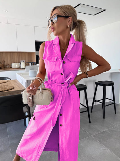 Women's Sleeveless Denim Maxi Dress Button Front Belted Waist Split Casual Shirt Dress