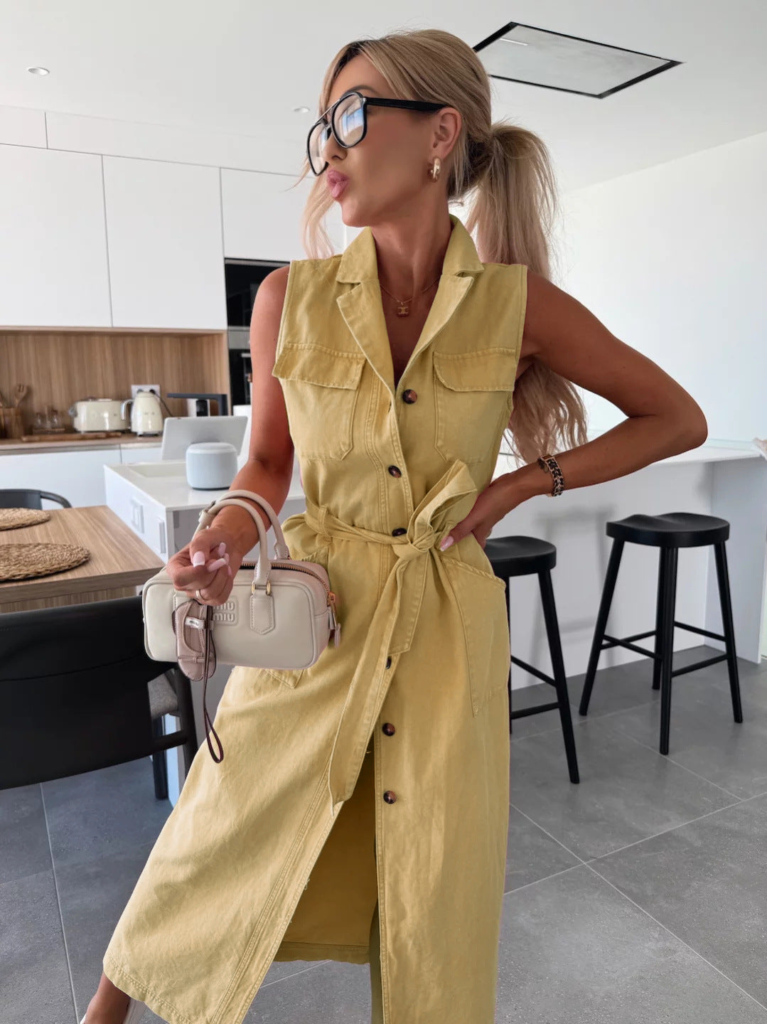 Women's Sleeveless Denim Maxi Dress Button Front Belted Waist Split Casual Shirt Dress - Seldom Seen Styles