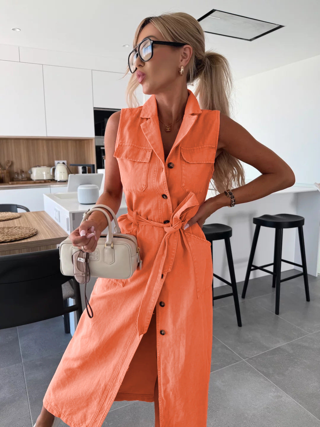 Women's Sleeveless Denim Maxi Dress Button Front Belted Waist Split Casual Shirt Dress - Seldom Seen Styles