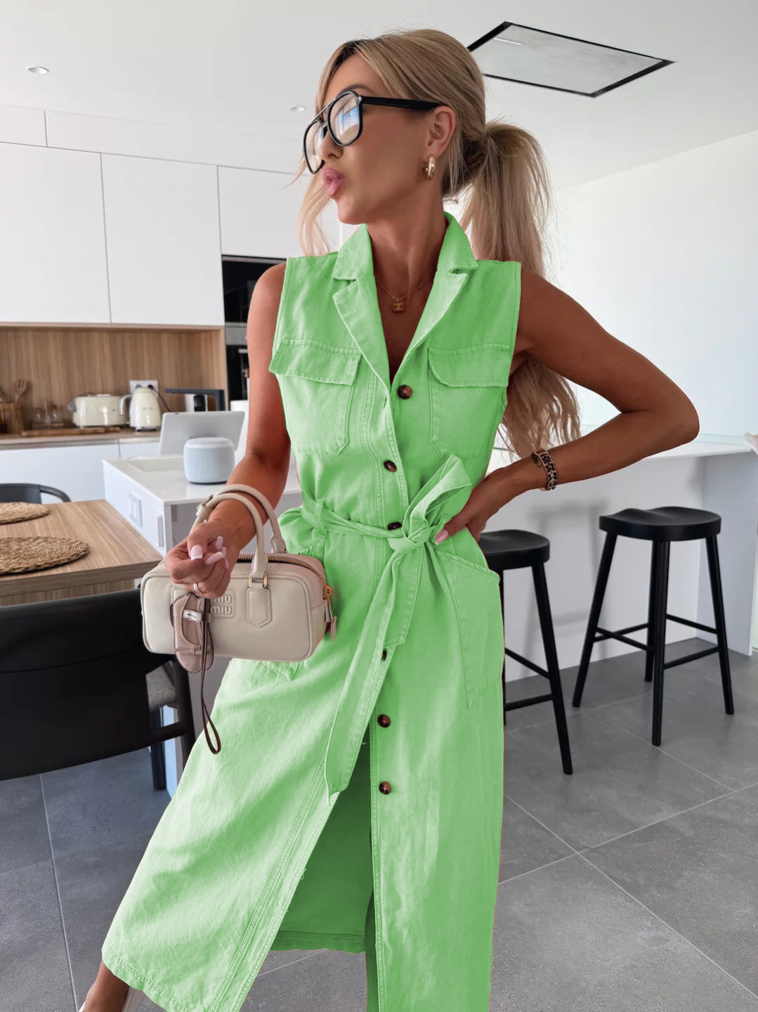 Women's Sleeveless Denim Maxi Dress Button Front Belted Waist Split Casual Shirt Dress - Seldom Seen Styles