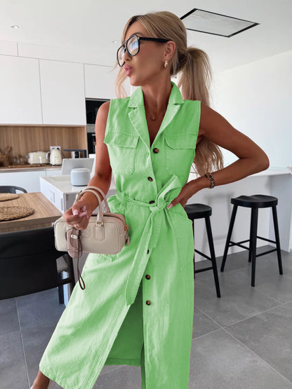 Women's Sleeveless Denim Maxi Dress Button Front Belted Waist Split Casual Shirt Dress