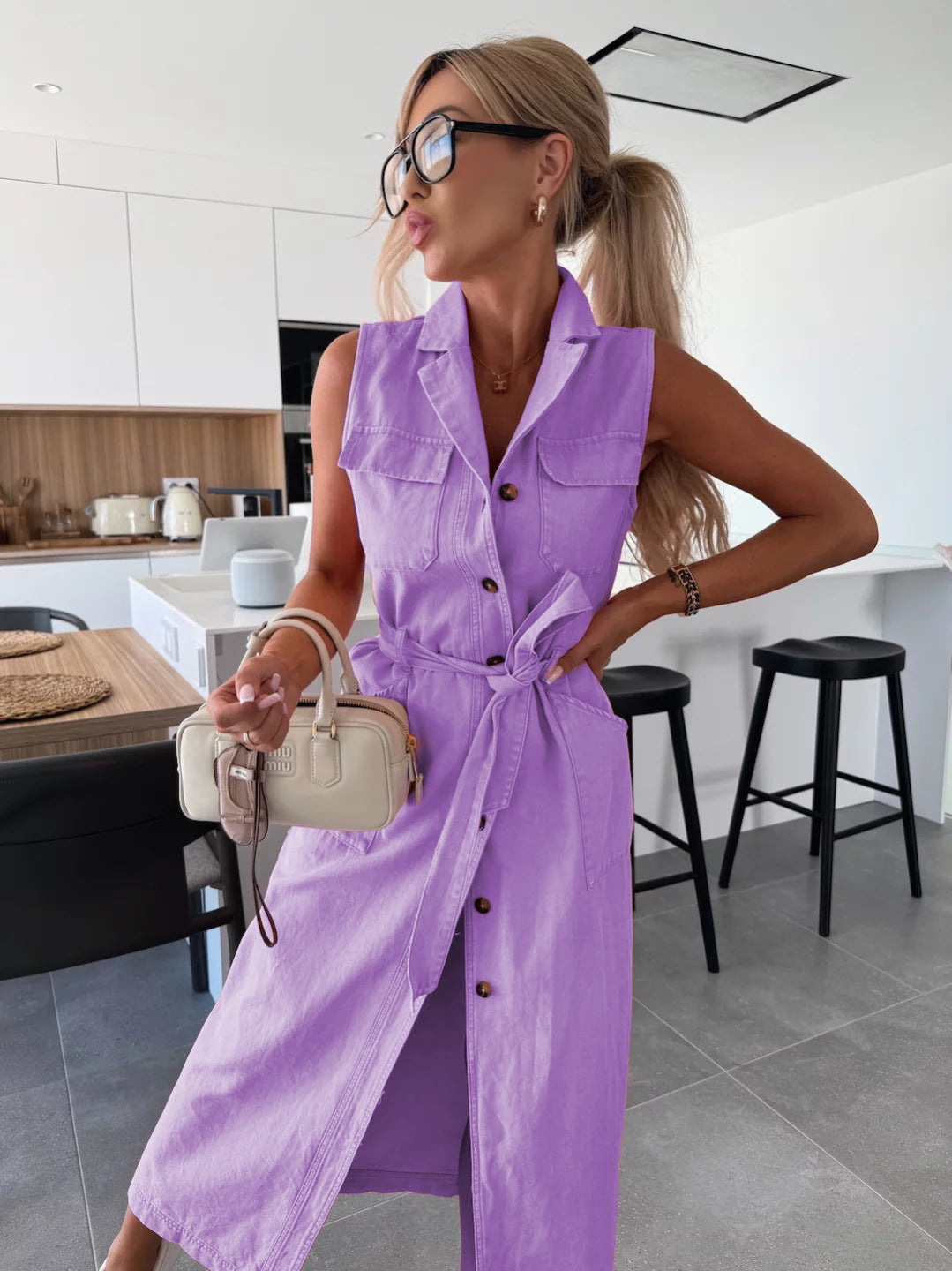 Women's Sleeveless Denim Maxi Dress Button Front Belted Waist Split Casual Shirt Dress - Seldom Seen Styles