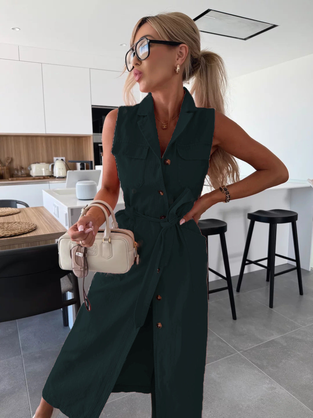 Women's Sleeveless Denim Maxi Dress Button Front Belted Waist Split Casual Shirt Dress - Seldom Seen Styles