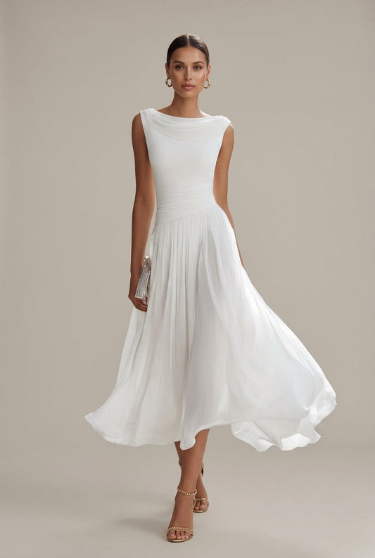 Women's Sleeveless Draped Neckline Pleated Midi Dress - Seldom Seen Styles