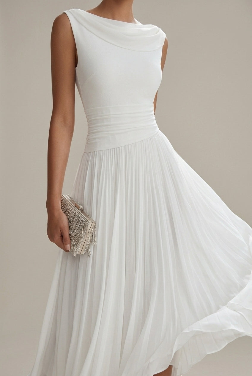 Women's Sleeveless Draped Neckline Pleated Midi Dress - Seldom Seen Styles