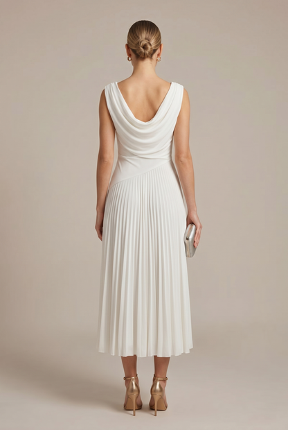 Women's Sleeveless Draped Neckline Pleated Midi Dress