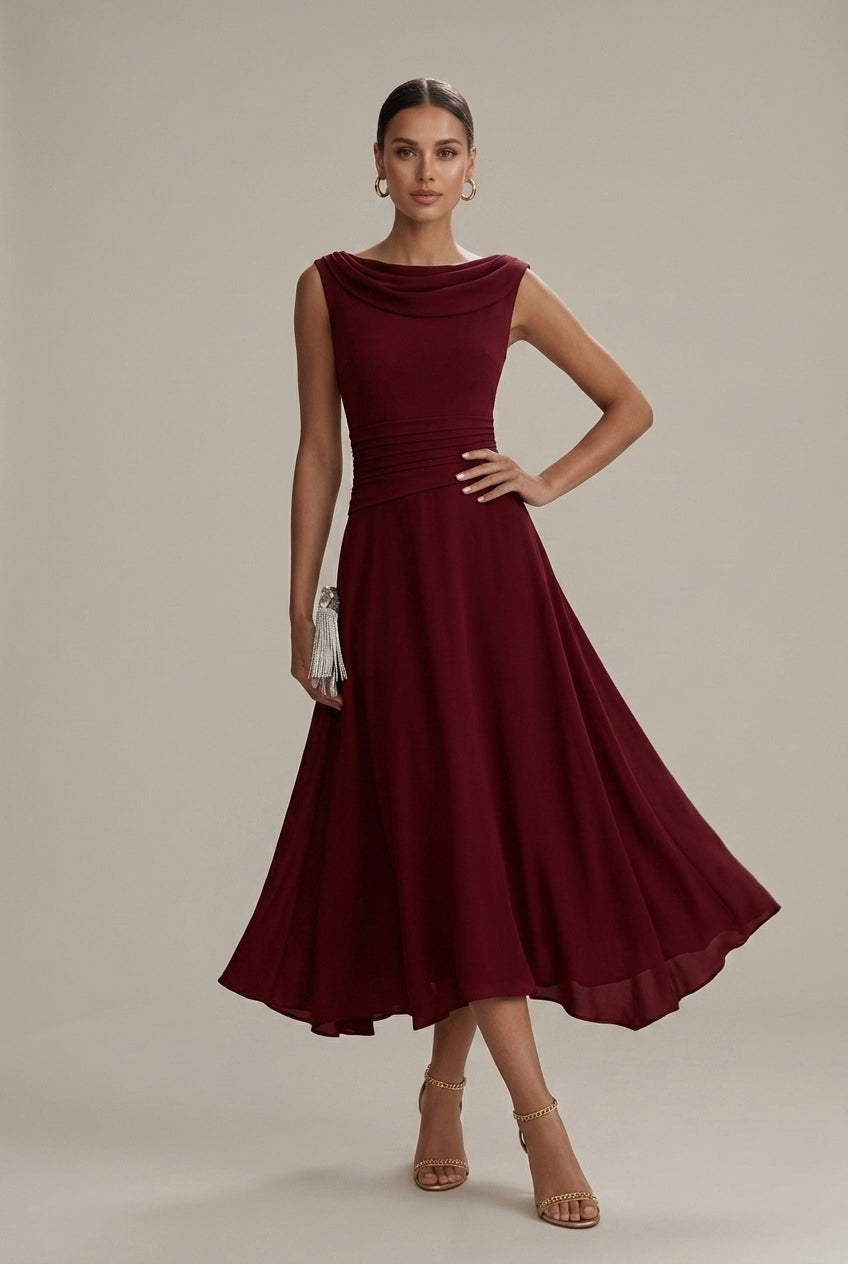 Women's Sleeveless Draped Neckline Pleated Midi Dress - Seldom Seen Styles