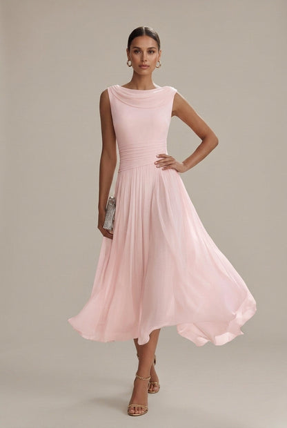 Women's Sleeveless Draped Neckline Pleated Midi Dress