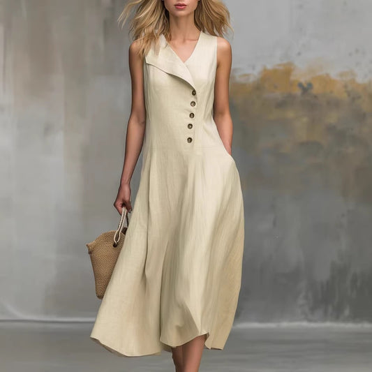 Women's Sleeveless Linen Midi Dress Button Front Lapel V Neck Casual A Line Summer Dress with Pockets - Seldom Seen Styles