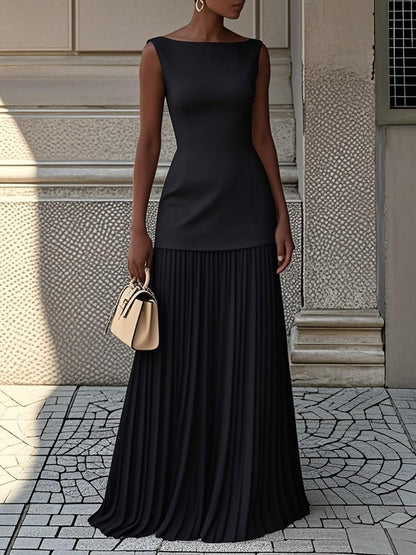 Women's Sleeveless Maxi Dress Set Elegant Two Piece Outfit Pleated Skirt and Fitted Top Formal Occasion Dress