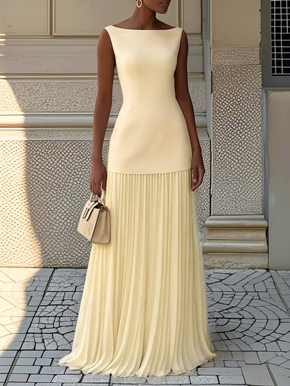 Women's Sleeveless Maxi Dress Set Elegant Two Piece Outfit Pleated Skirt and Fitted Top Formal Occasion Dress