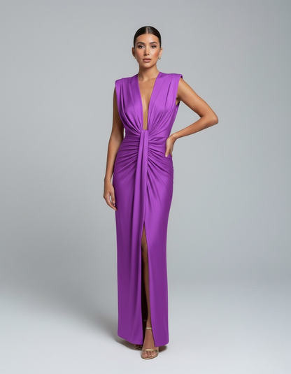 Women’s Sleeveless Maxi Dress with Deep V Neckline and Front Slit