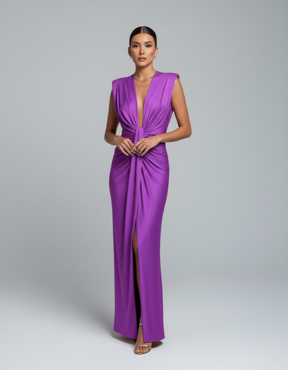 Women’s Sleeveless Maxi Dress with Deep V Neckline and Front Slit