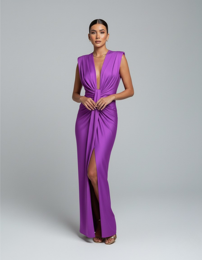 Women’s Sleeveless Maxi Dress with Deep V Neckline and Front Slit