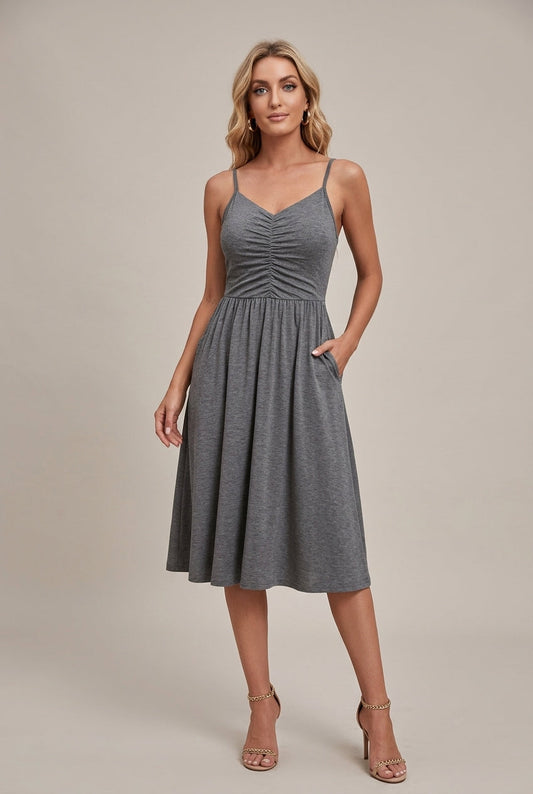 Women's Sleeveless Ruched Bodice V-Neck Midi Dress - Seldom Seen Styles