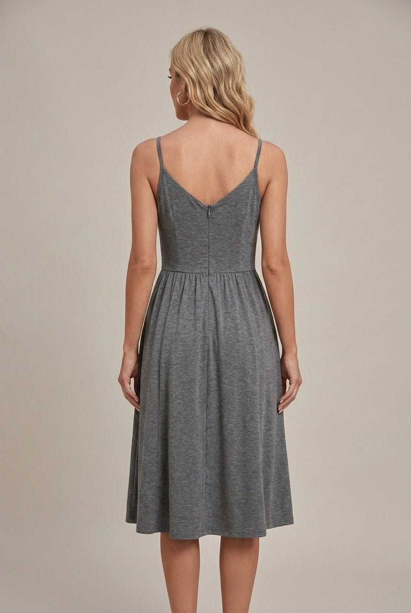 Women's Sleeveless Ruched Bodice V-Neck Midi Dress - Seldom Seen Styles