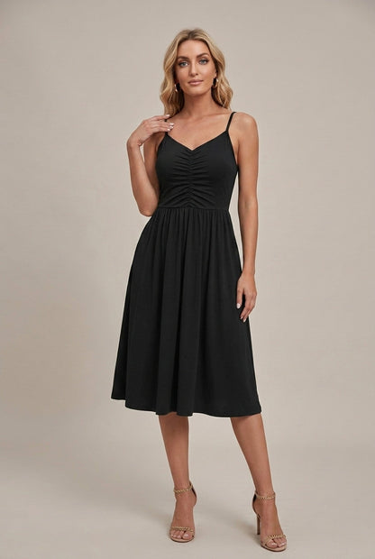 Women's Sleeveless Ruched Bodice V-Neck Midi Dress