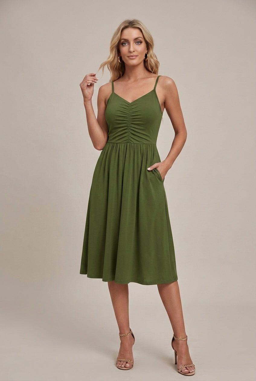 Women's Sleeveless Ruched Bodice V-Neck Midi Dress - Seldom Seen Styles