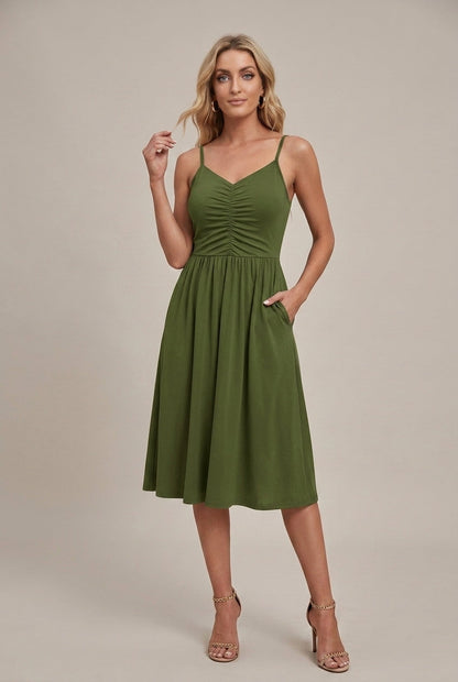 Women's Sleeveless Ruched Bodice V-Neck Midi Dress