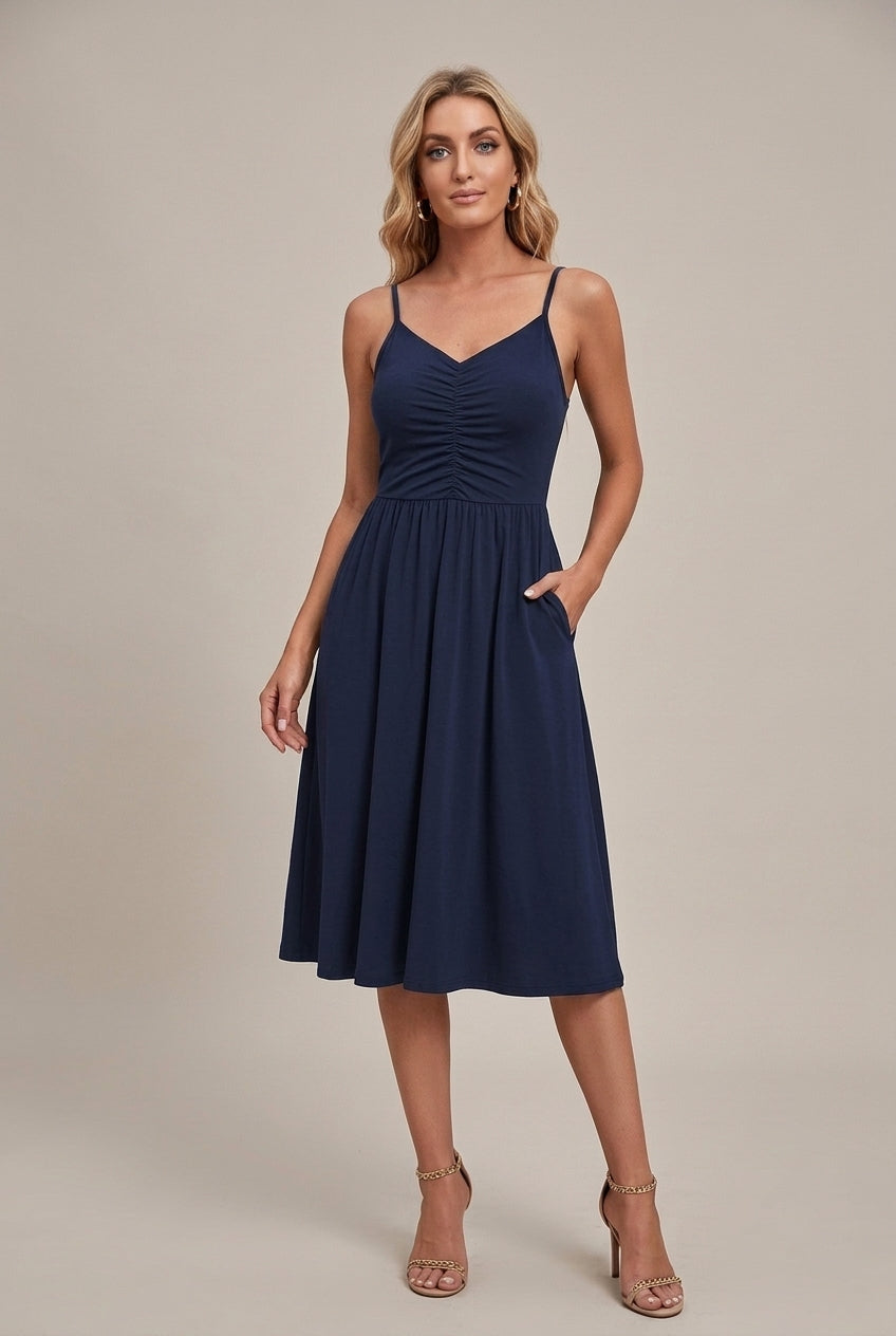 Women's Sleeveless Ruched Bodice V-Neck Midi Dress - Seldom Seen Styles